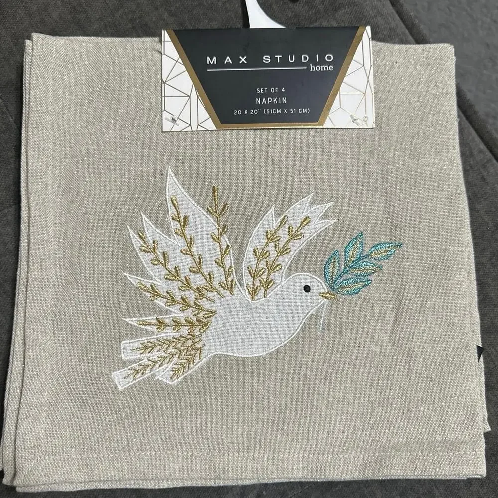 NWT S/4 Max Studio Napkins White Dove Olive Branch Embellished 20”x20” Gold NWT